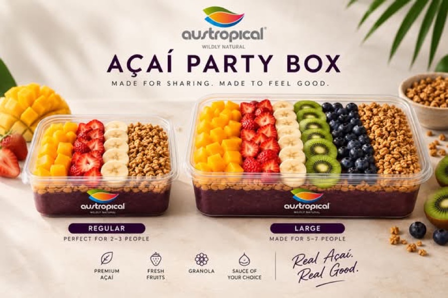 The Açaí Party Box, a large tray of açaí topped with fresh fruit and granola