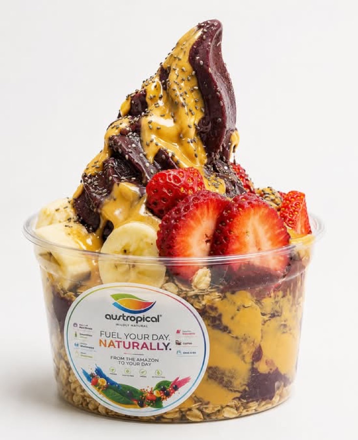 The Vitality Bowl, soft serve açaí with peanut butter, strawberries and banana
